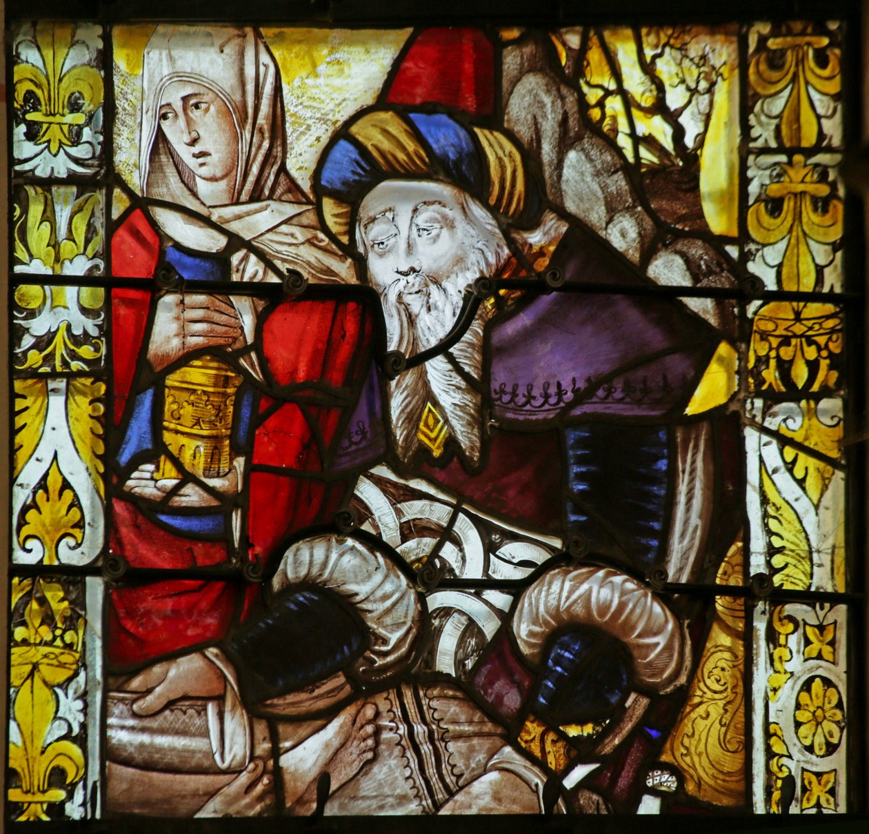 Vindue, der viser ufuldstændig scene med Sankt Maria Magdalena og en Josef af Arimathea af French School