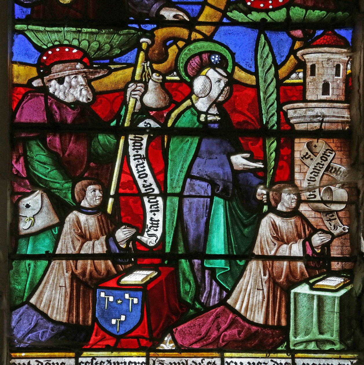 Vindue, der forestiller Jesses træ: Jacques Prénel og Barbe Laurendel med Saint James og Saint Barbara af French School