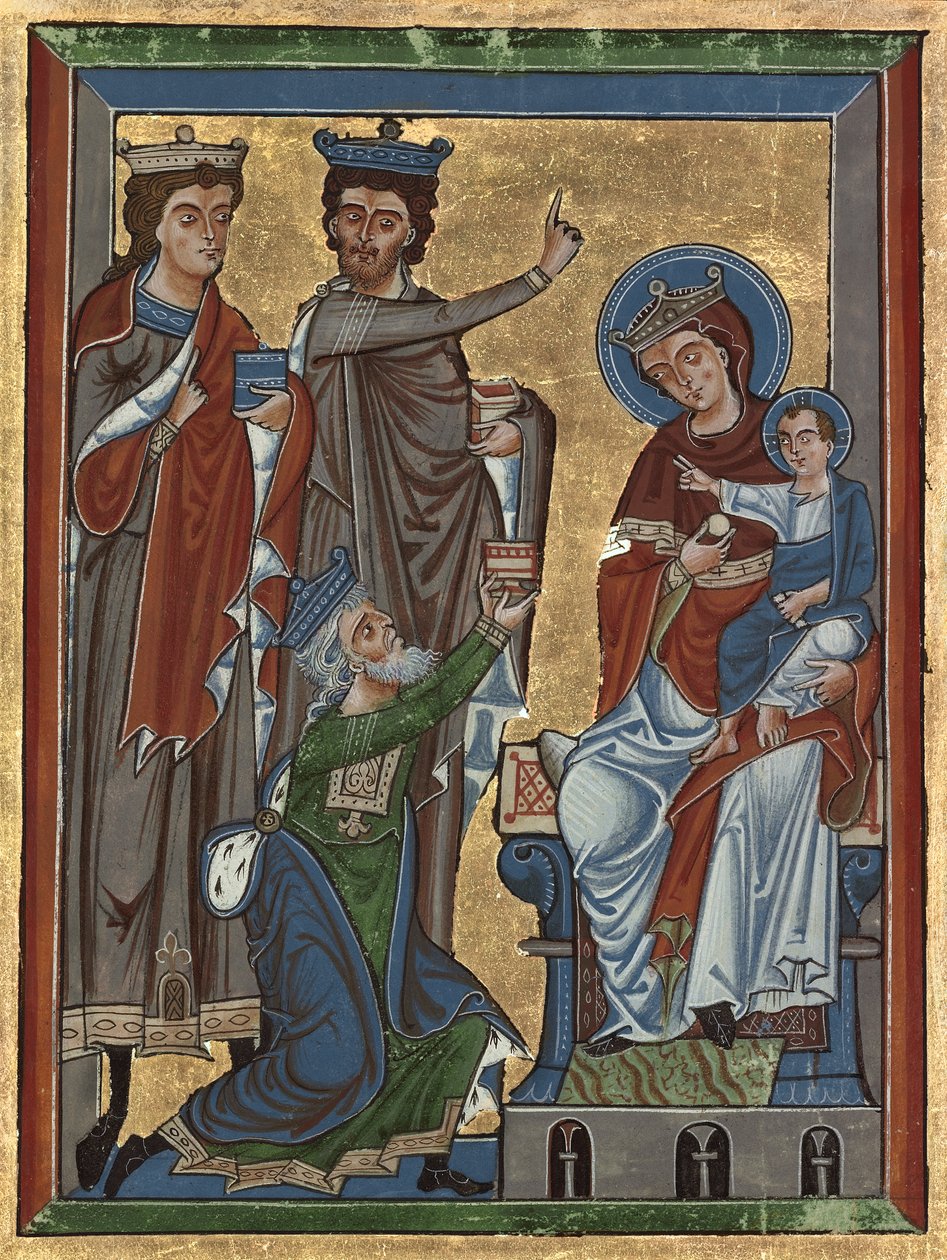 Tilbedelse af Magi fra Psalter Ms 4, c.1240 (tempera, bladguld og blæk på pergament) af German School