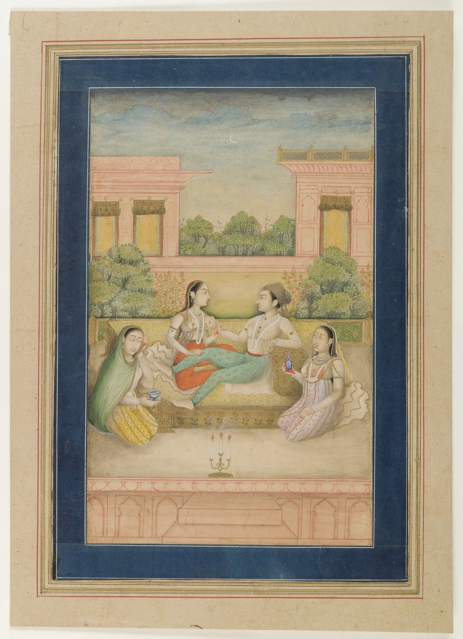 A Prince and his Consort on a Terrace, ca. 1800 (ugennemsigtigt wc på papir) af Indian School