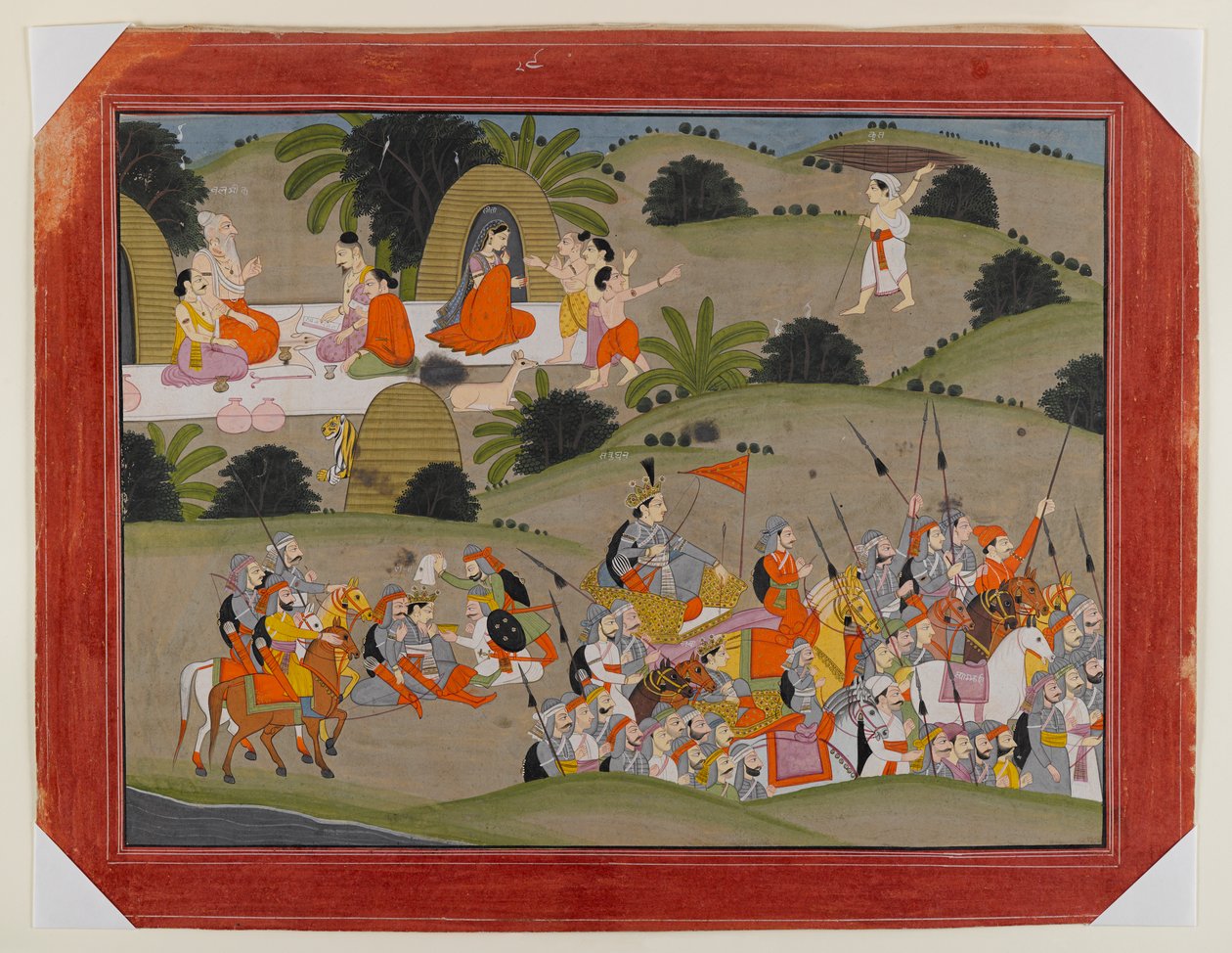 Kamp mellem Lava og Ramas bror, Shatrughna, nær eremitagestedet Valmiki, Page from a Dispersed Ramayana Series, ca. 1820 (ugennemsigtigt wc & guld på papir) af Indian School