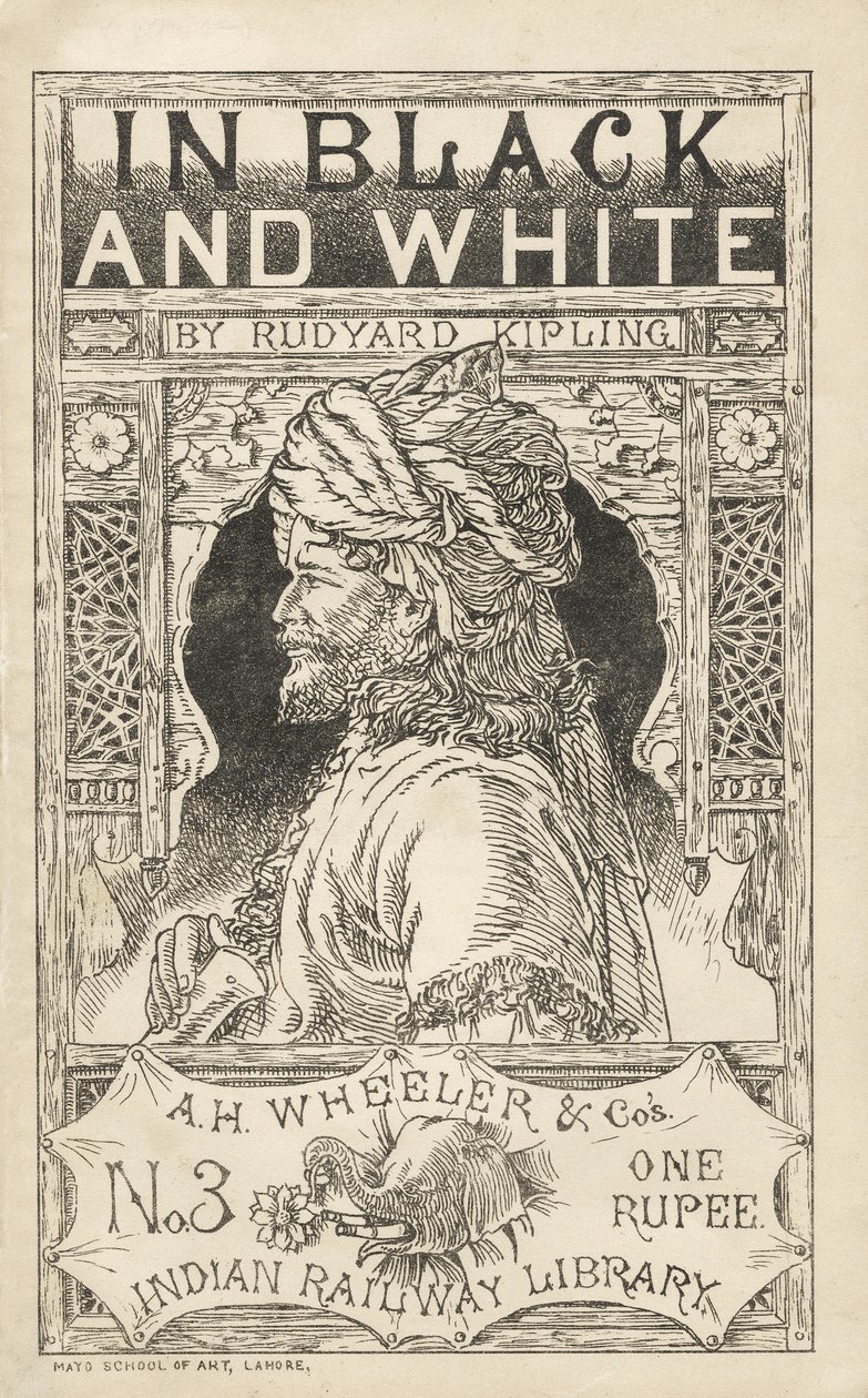 I sort og hvidt af Rudyard Kipling (1865 - 1936), illustration fra A.H. Wheeler & Cos Indian Railway Library, pub. 1888 af Indian School