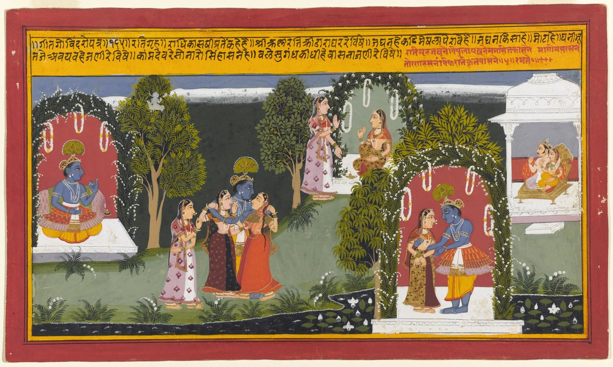 Kama og Rati er vidne til genforeningen af Krishna og Radha, side fra en Gita Govinda-serie, 1714 (ugennemsigtigt wc og guld på papir) af Indian School