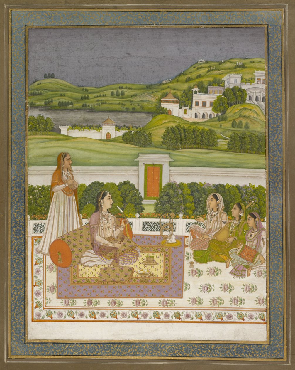Princess Listening to Music, 1775-80 (gouache med guld og sølv på papir) af Indian School
