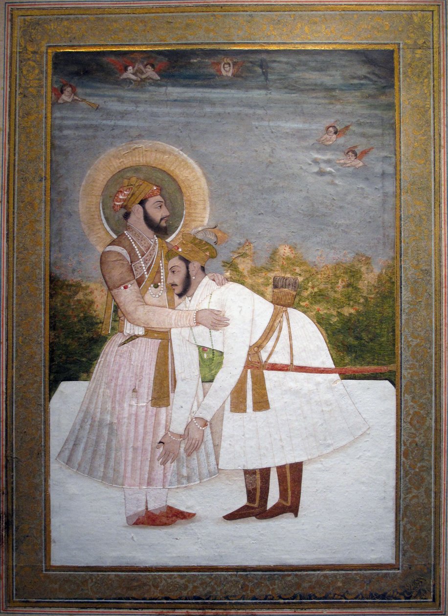 Shah Jahan omfavner sin søn Aurangzeb, ca. 1750 (gouache og guld) af Indian School
