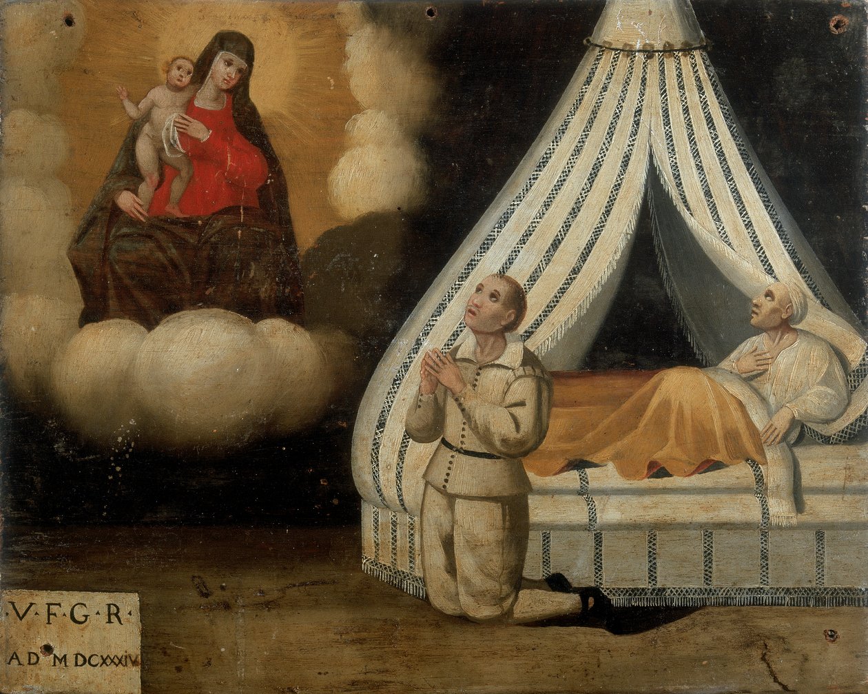 En mand i sengen under en sygdom; til venstre, den samme mand, der beder til Madonnaen af Arch om den nåde, han modtog, Ex-voto, 1603 af Italian School