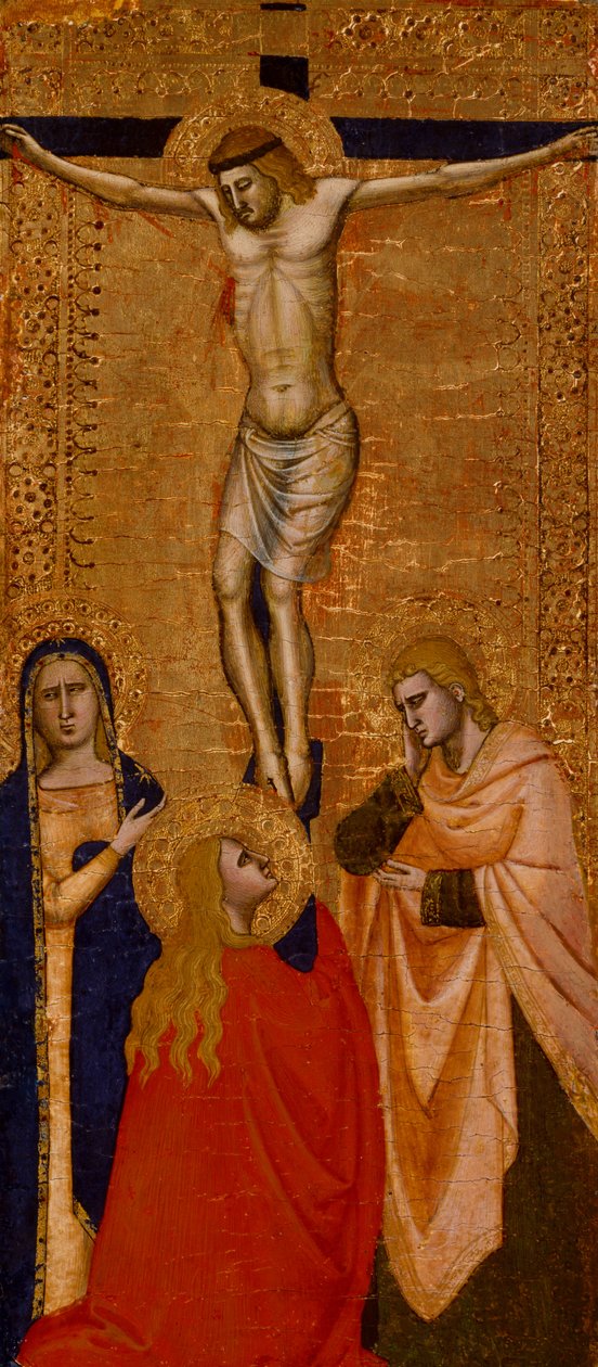 Kristus på korset med Jomfruen, Sankt Johannes og Maria Magdalene, ca. 1360-1380 (tempera og bladguld på træ) af Italian School