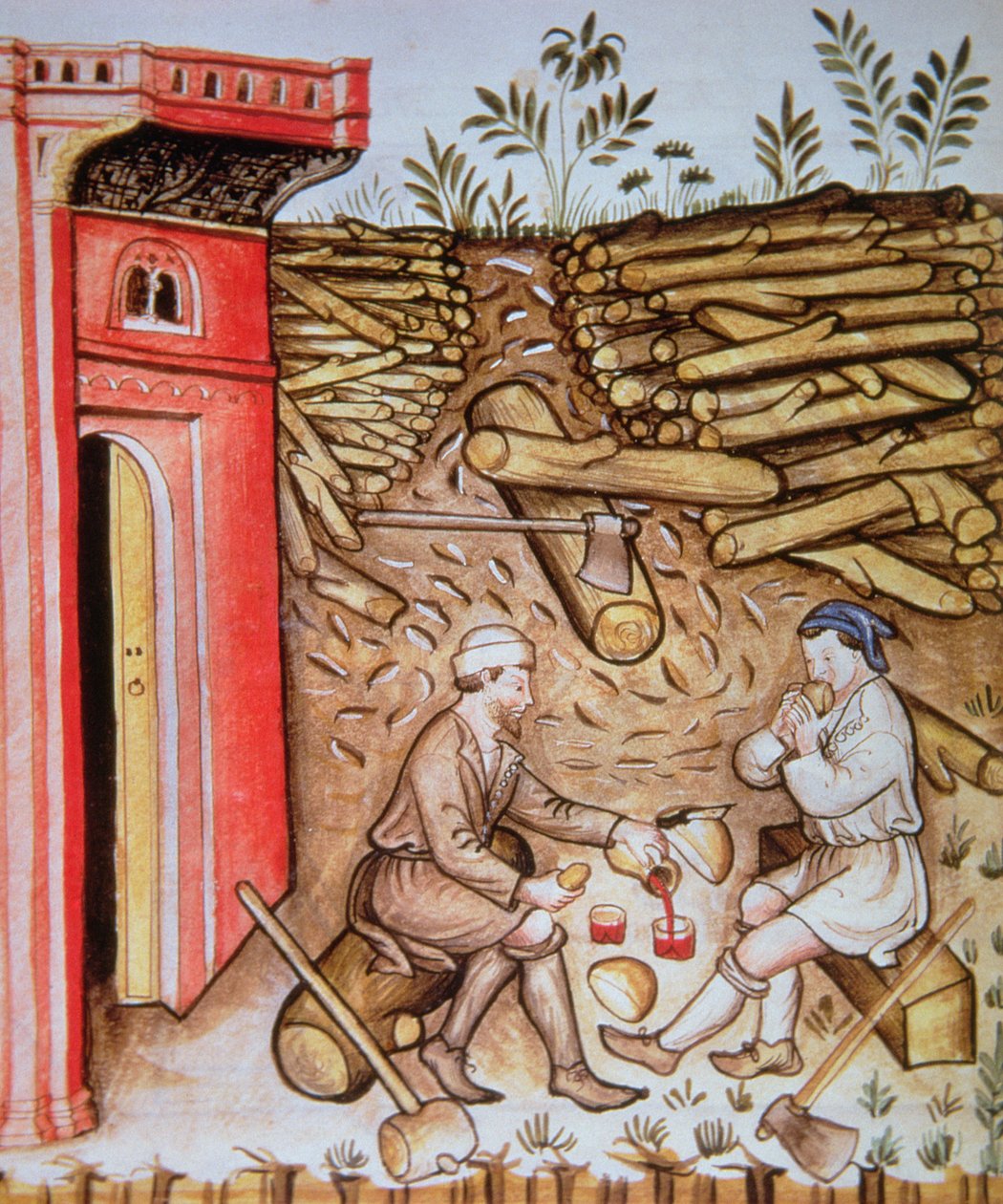 Fol.64r spiser brød og drikker vin, illustration fra Tacuinum Sanitatis Codex Vindobonensis af Italian School