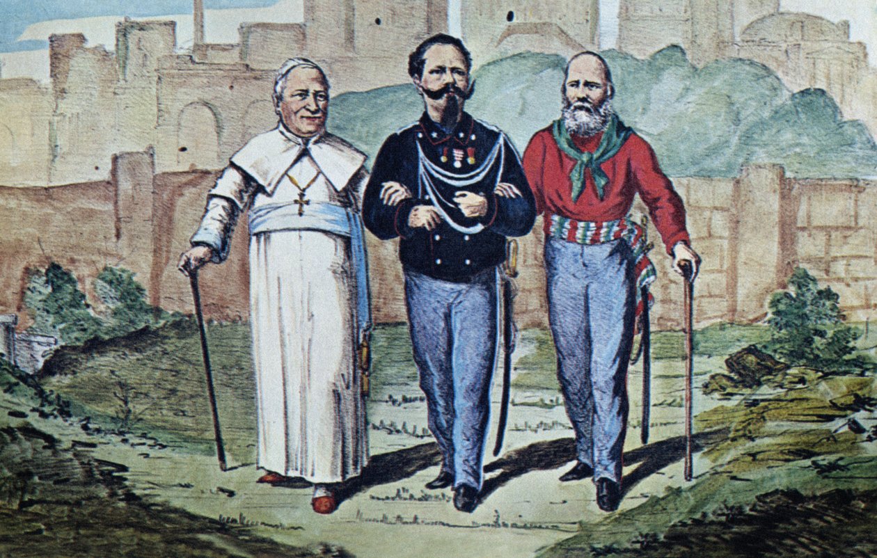 Den perfekte treenighed: Pave Pius IX, Victor Emmanuel II og Garibaldi, 1870 (akvareltryk) af Italian School