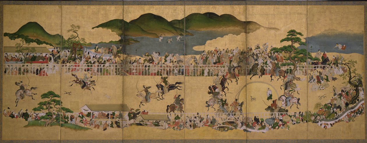 Seksfoldet skærm, der viser en hundejagtkonkurrence, japansk, 1624-43 (blæk, maling og guld på papir) af Japanese School