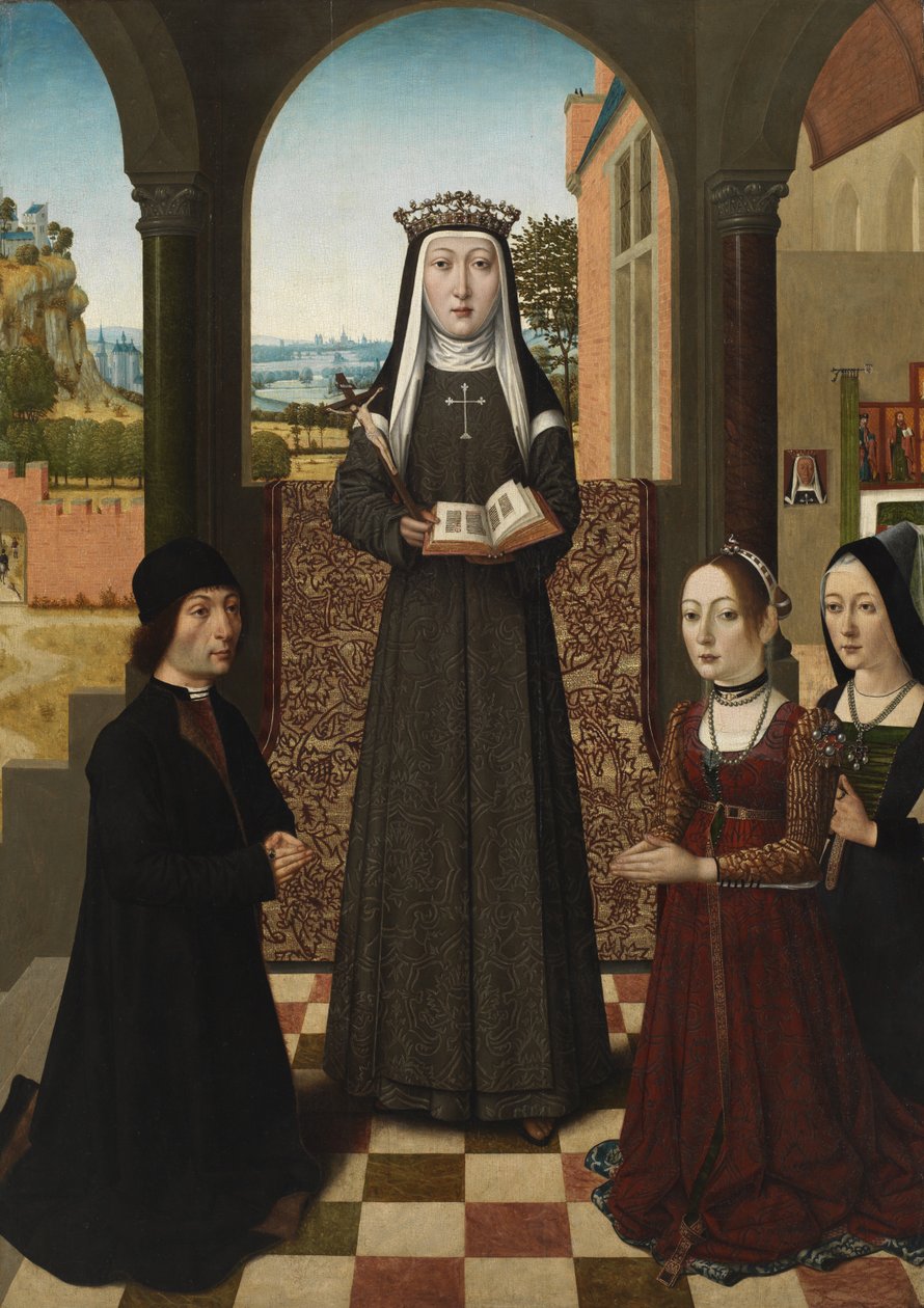 Den hellige Katarina af Bologna med tre donorer, ca. 1470-80 af Master of the Baroncelli Portraits