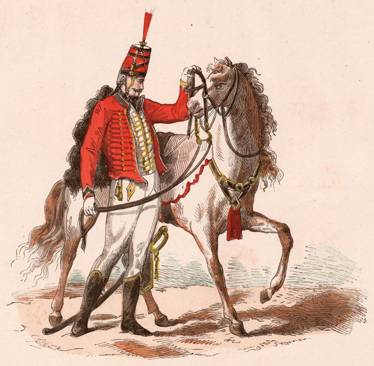 En fransk husar i sin uniform stående ved siden af sin hest (farvegravering) af Unknown
