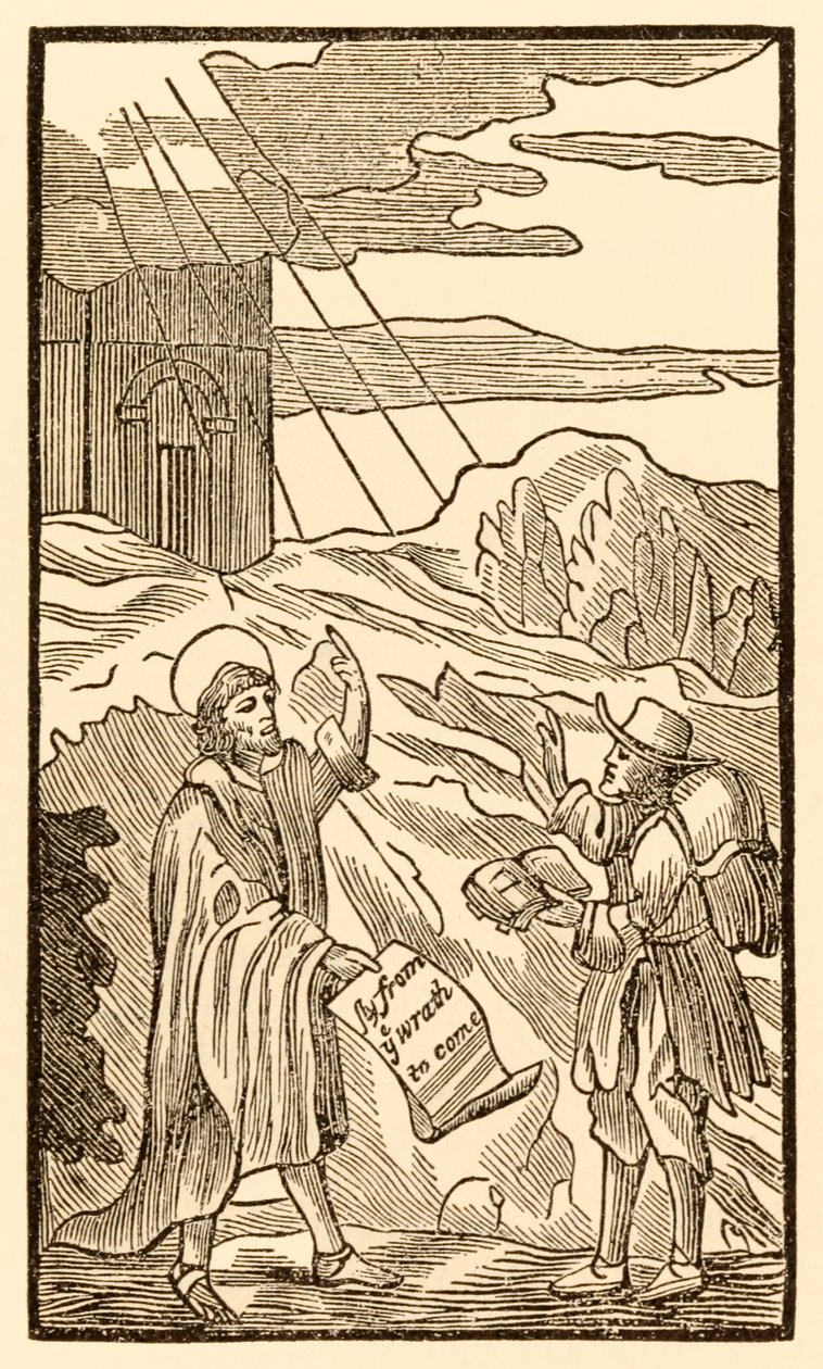 Christian forlader ikke verden før, men møder evangelist fra The Pilgrims Progress From This World, To That What Is To Come af John Bunyan (1628-1688) af Unknown