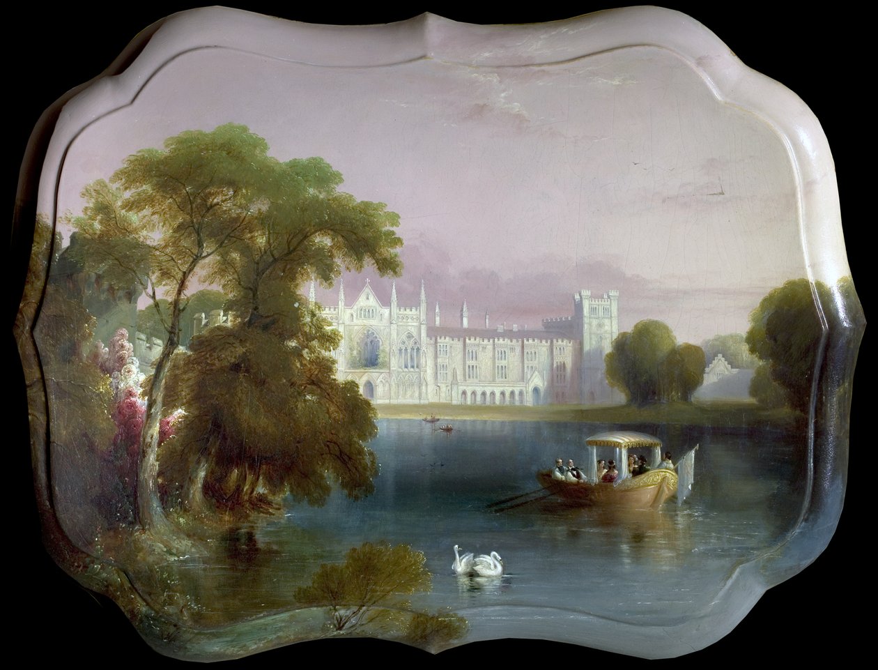 West View af Newstead Abbey, Nottinghamshire, inklusive en sejlsportsfest på Upper Lake (olie på papmache) af Unknown