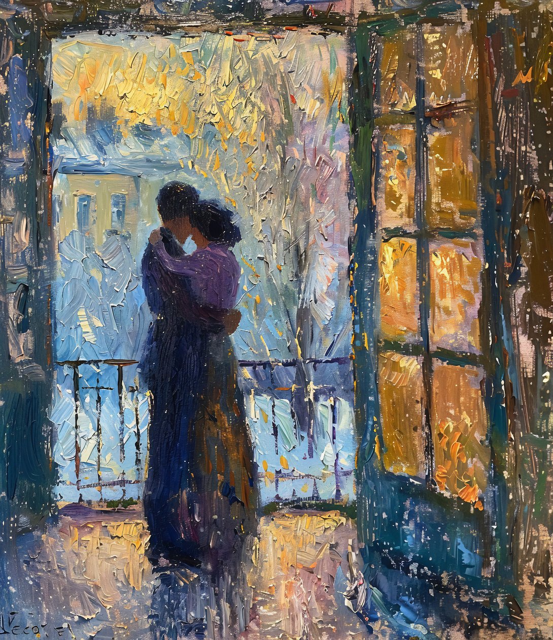 Impressionistisk oliemaleri af et forelsket par til vægkunst og lærredstryk af F. Abderrahim