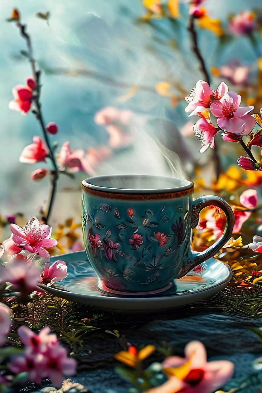 En surrealistisk kop kaffe foret med blomster til moderne vægdekoration af F. Abderrahim