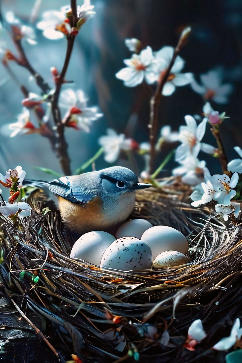 Fugl ruger på æg omgivet af hvide blomster til kunstplakatprint af F. Abderrahim