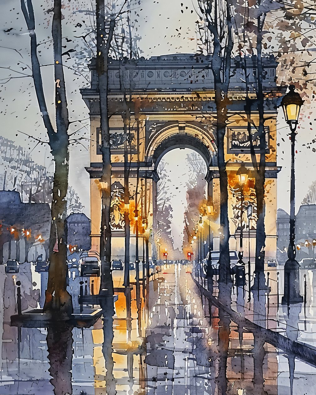 Akvarelmaleri: Champs Elysées Paris Frankrig om vinteren | vægbilleder af F. Abderrahim