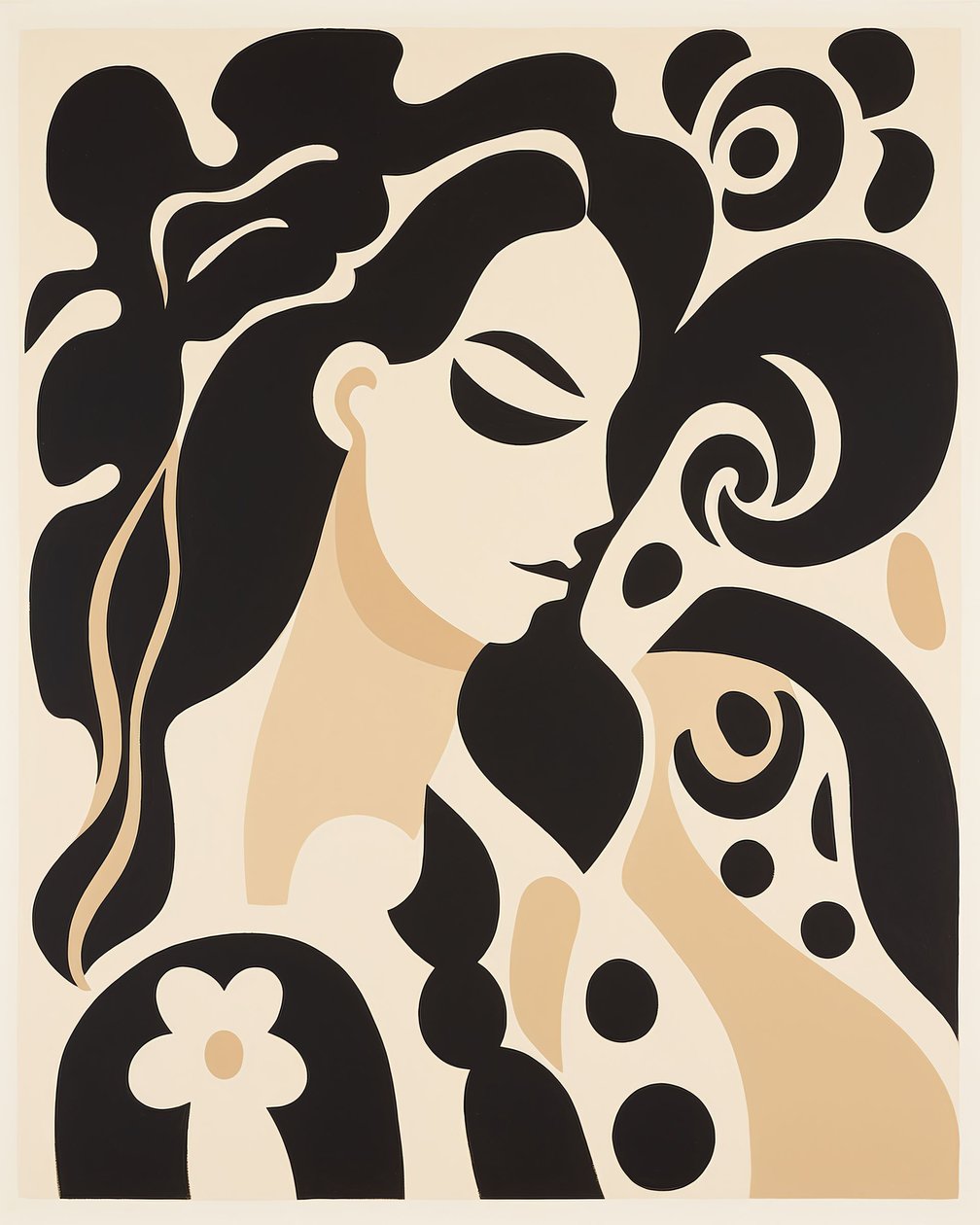 Beige og sort abstrakt maleri kvinde Henri matisse stil lærredstryk af F. Abderrahim