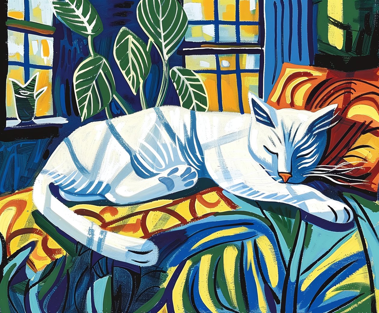 Hvid kat sover i sollyset Matisse | vægdekoration, kunsttryk af F. Abderrahim
