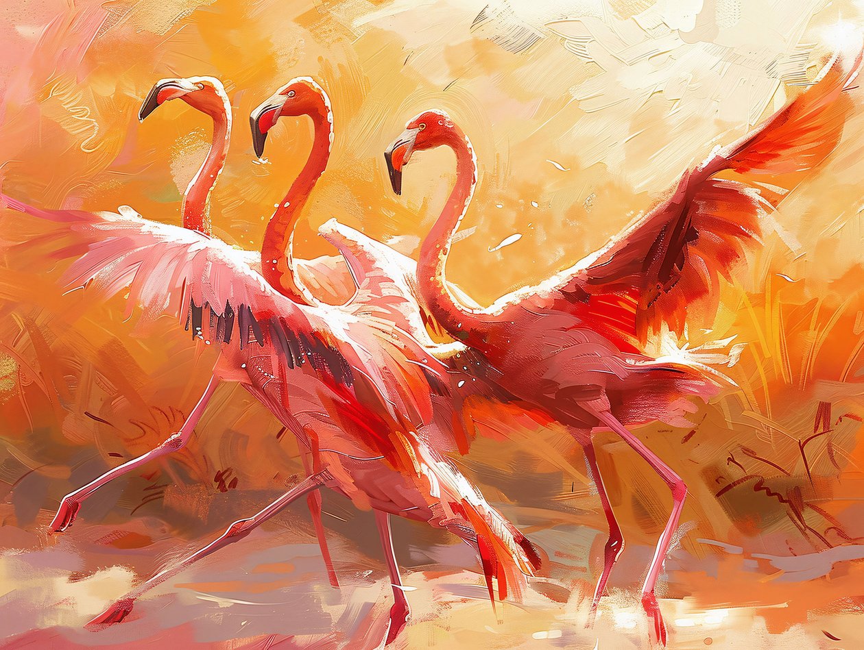 Abstrakt maleri af dansende flamingoer, lærredstryk og vægdekoration af F. Abderrahim