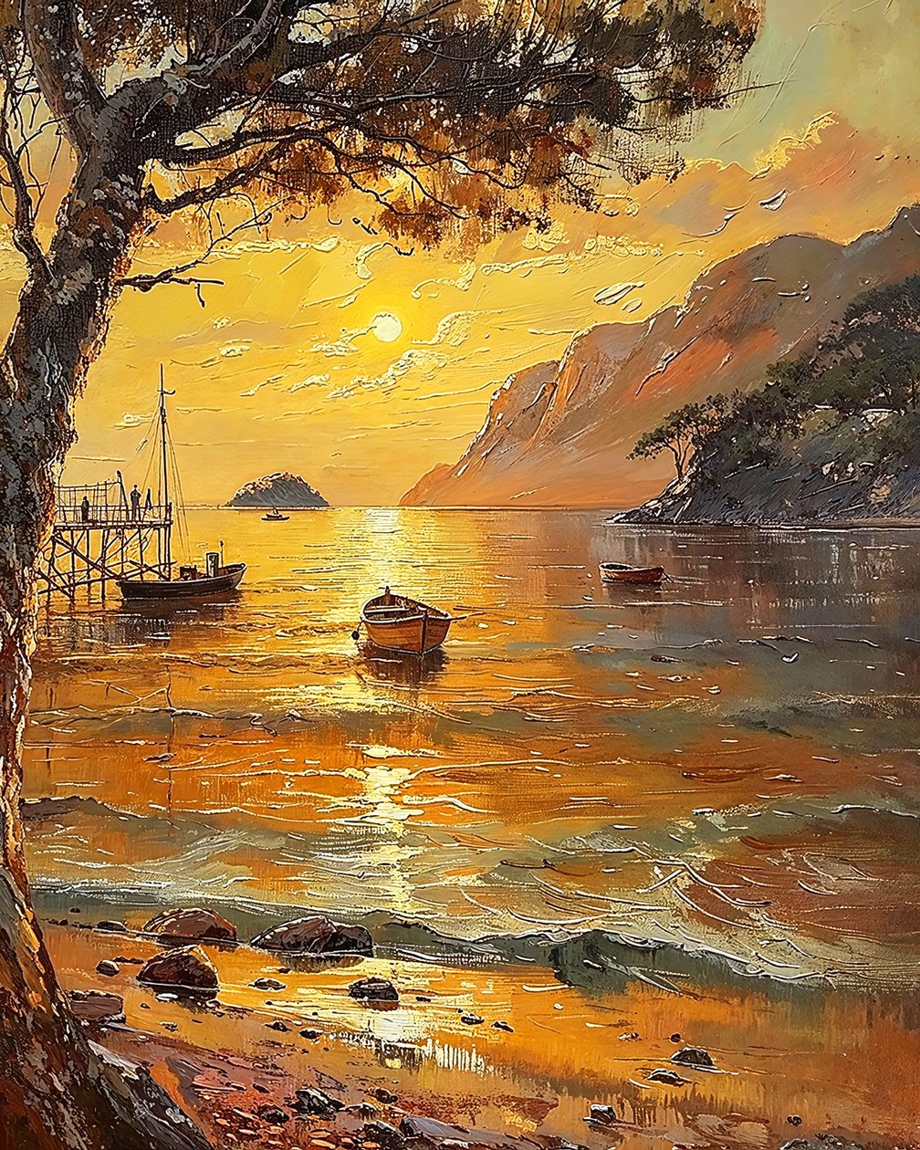 Strand og både, solnedgang om aftenen, Vægdekoration til salg af F. Abderrahim