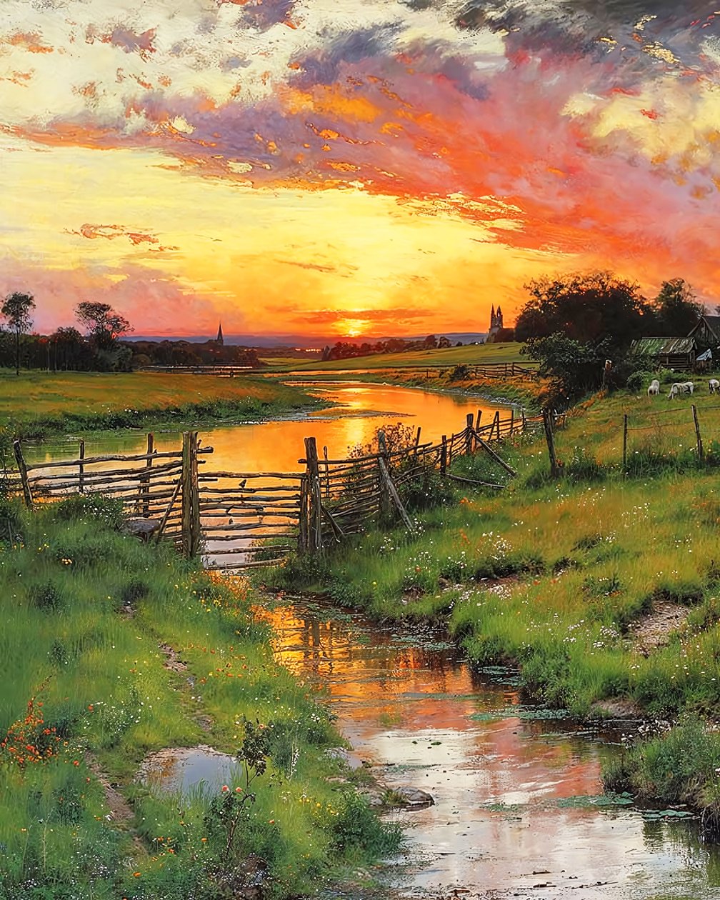 Solnedgang over et snoet vandløb på landet, online kunsttryk af F. Abderrahim