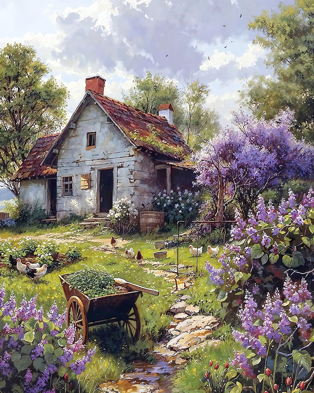 Traditionelt bondehus omgivet af lyserøde blomster, online kunsttryk af F. Abderrahim