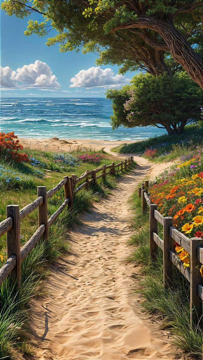 En sandsti fører til en smuk strand med et træhegn og farverige blomster. af F. Abderrahim