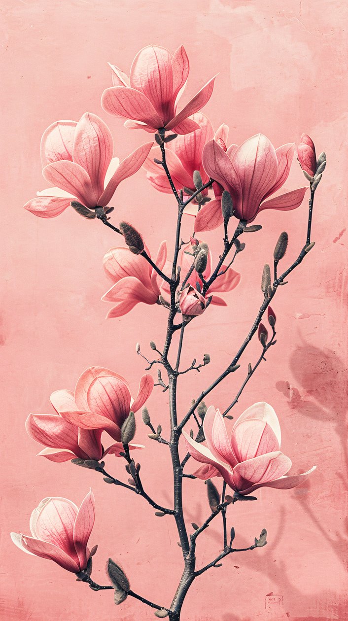 Minimalistiske rosa og grå blomster, botanisk vægdekoration til soveværelset af F. Abderrahim