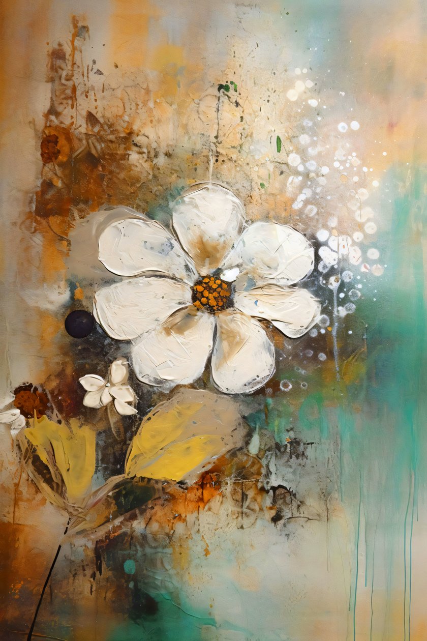Floral Thick Texture Ballet, Ochre Flowers Yellow Black, klassisk vægdekoration af F. Abderrahim