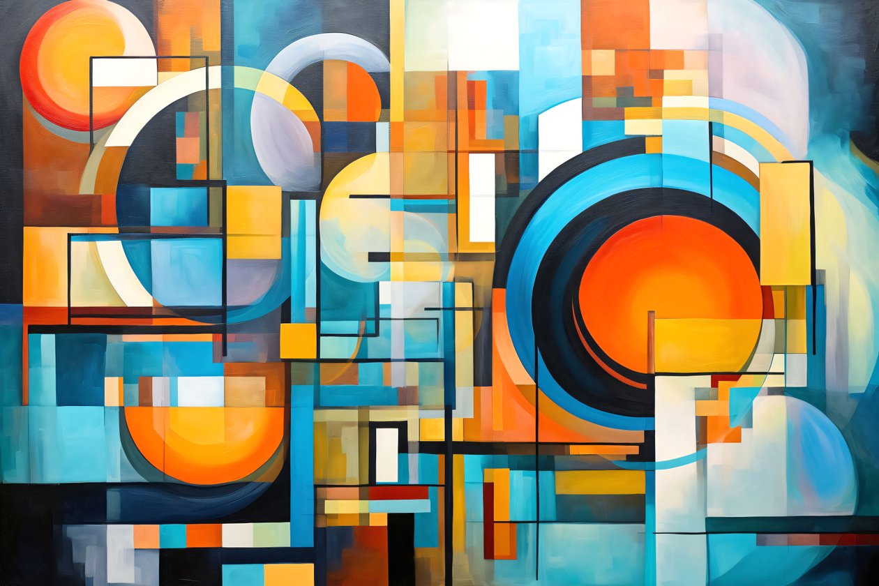 Geometrisk abstrakt fusion lyse farver i olie og akryl vægkunst dekoration af F. Abderrahim