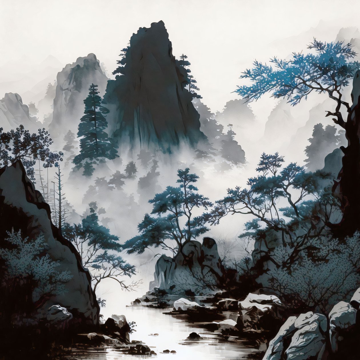 Cyanotype Mountain River Mist i Shan Shui-stil, indrammede vægdekorationstryk af F. Abderrahim