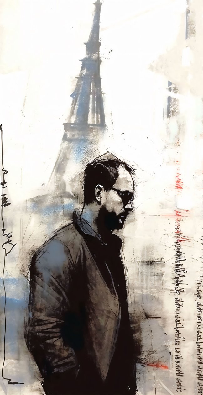 Maleri af en mand, der går ned i Paris, Vægdekoration, du vil elske, kunsttryk af F. Abderrahim