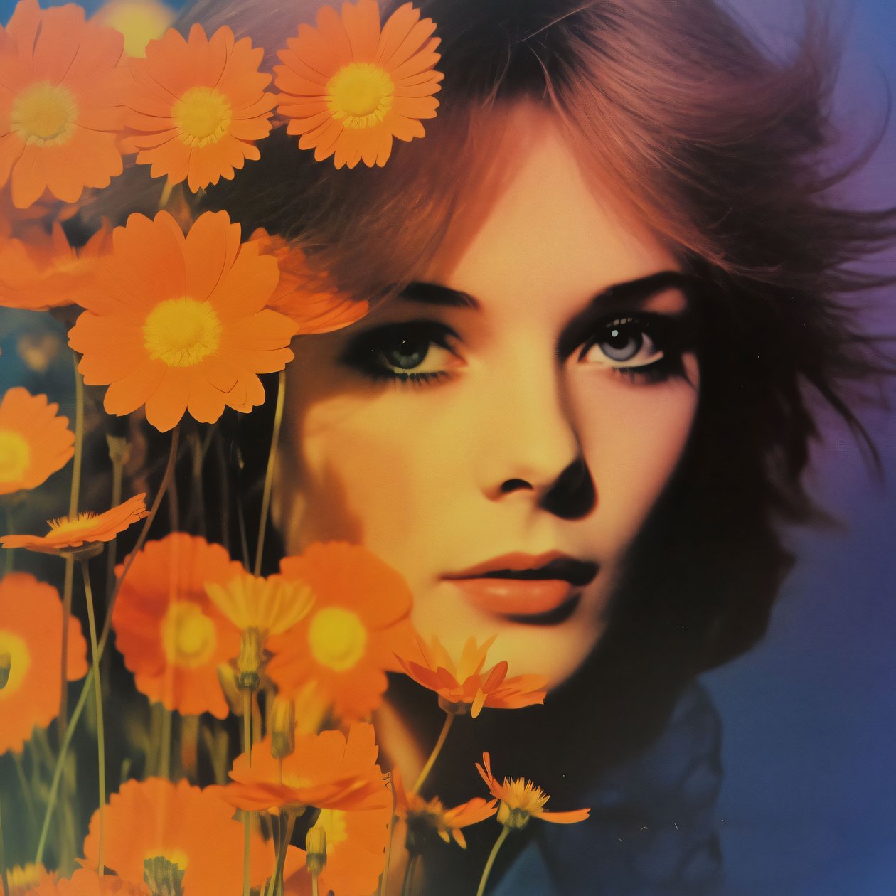 vintage kvindeportræt og blomster, A Retro Floral Vision, online kunsttryk af F. Abderrahim