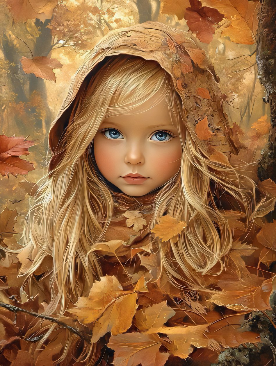beautiful girl  Autumn Leaves, lærred og vægramme print on demand af F. Abderrahim