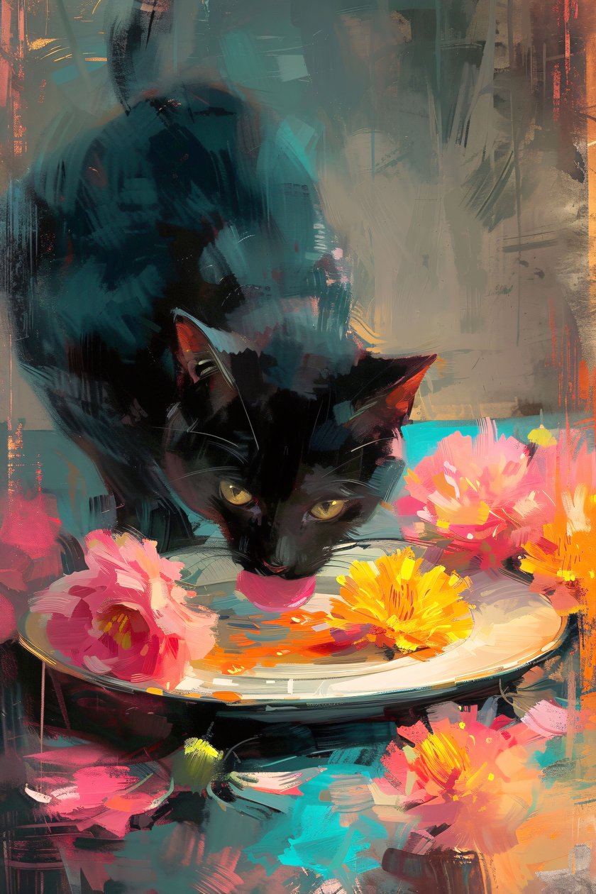 Sort kat spiser på en tallerken med blomster, impressionistisk maleri, online kunsttryk af F. Abderrahim