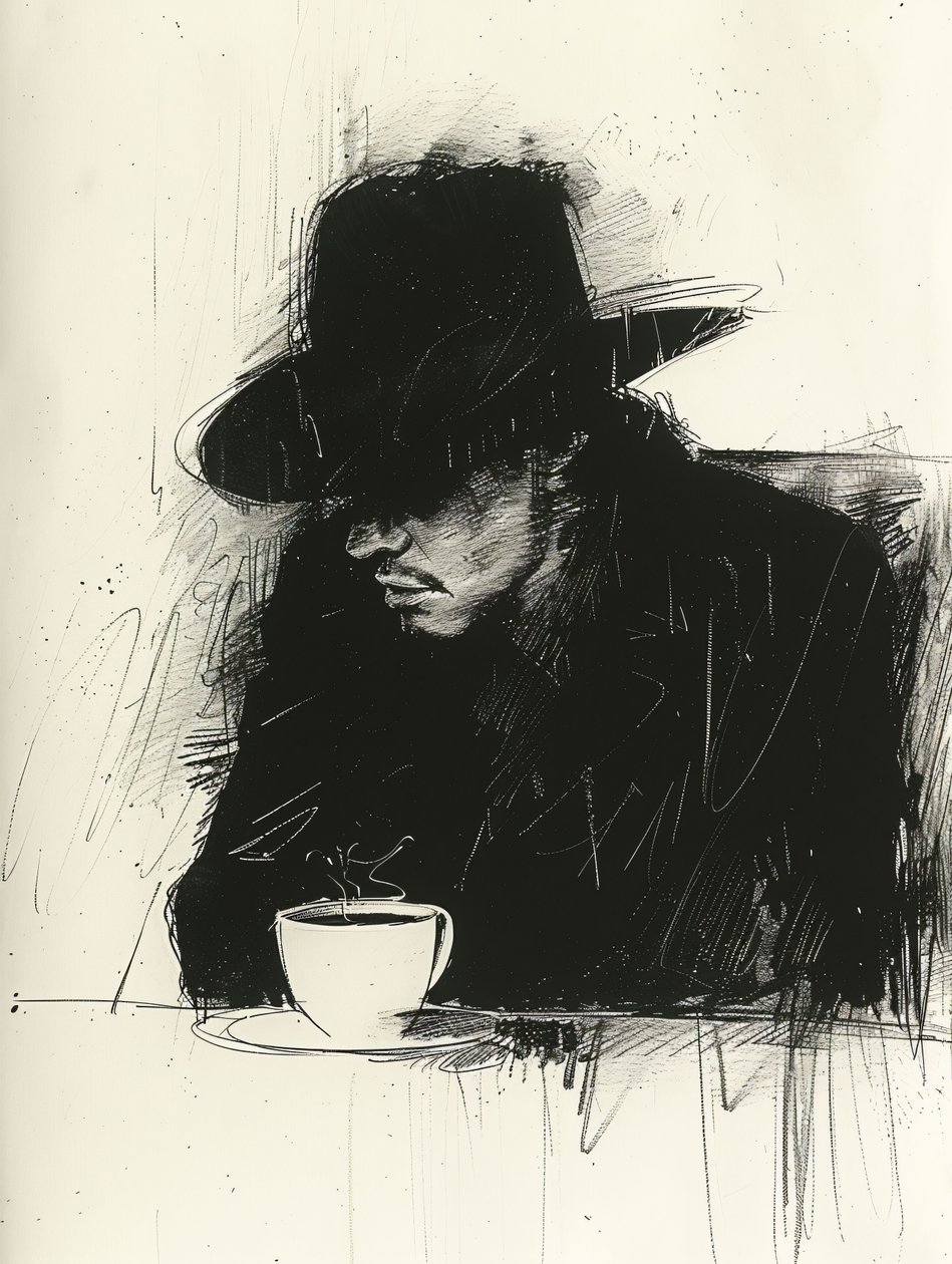 Sort minimalistisk skitse af en mand, der drikker kaffe, vægdekoration | print on demand af F. Abderrahim