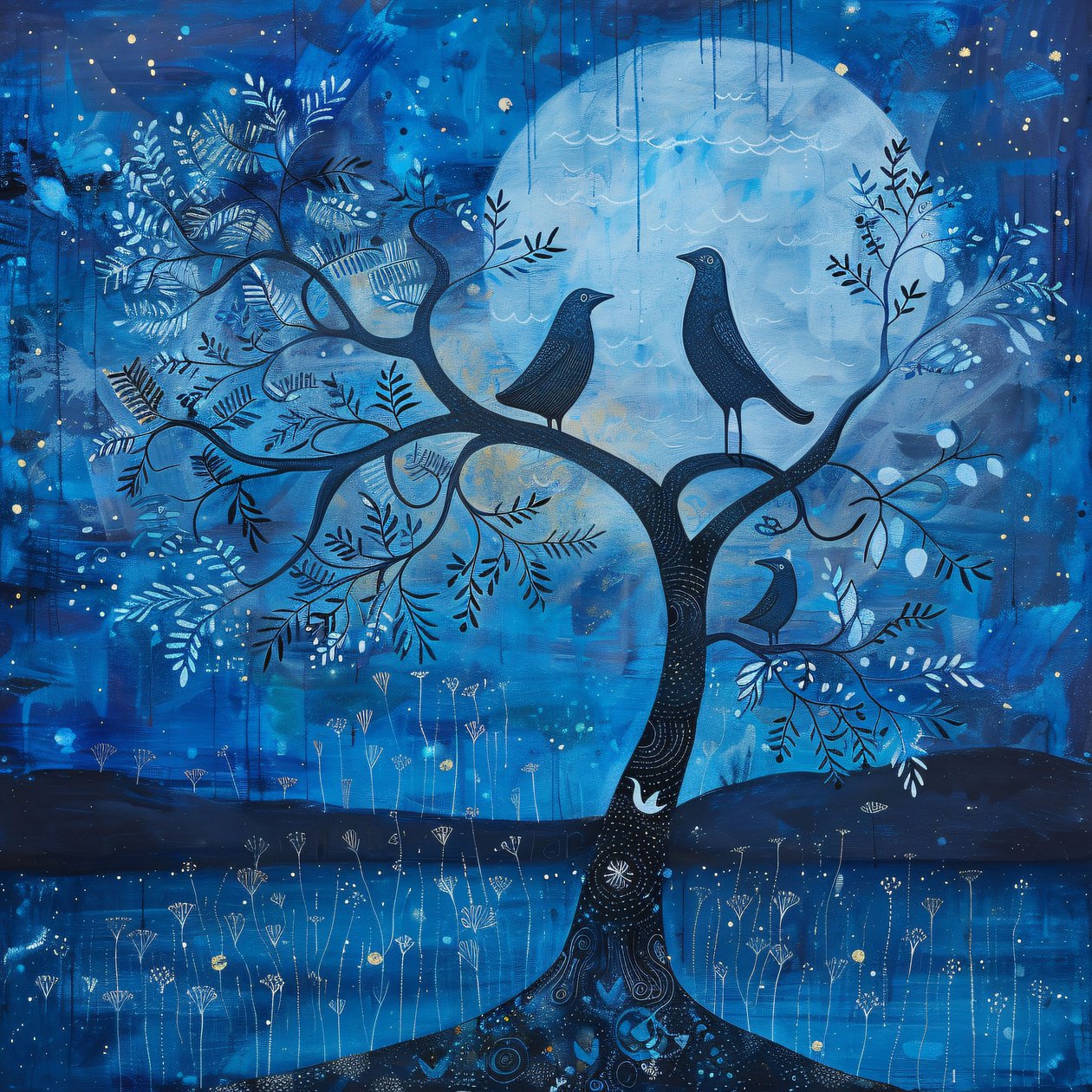 Blue Moon  bird, Starry Night Magic, Moderne vægdekoration | print on demand af F. Abderrahim