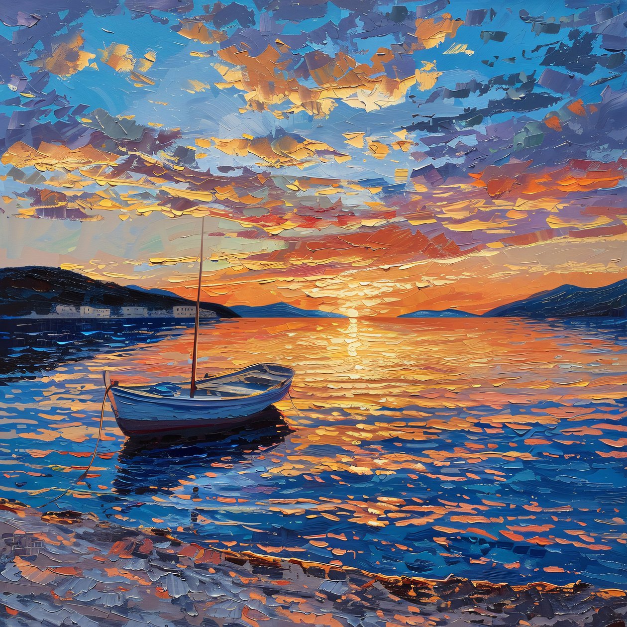 Båd på flod ved solnedgang Smuk, Dalmatien, Kroatien Olie på lærred, Vægdekoration til salg af F. Abderrahim