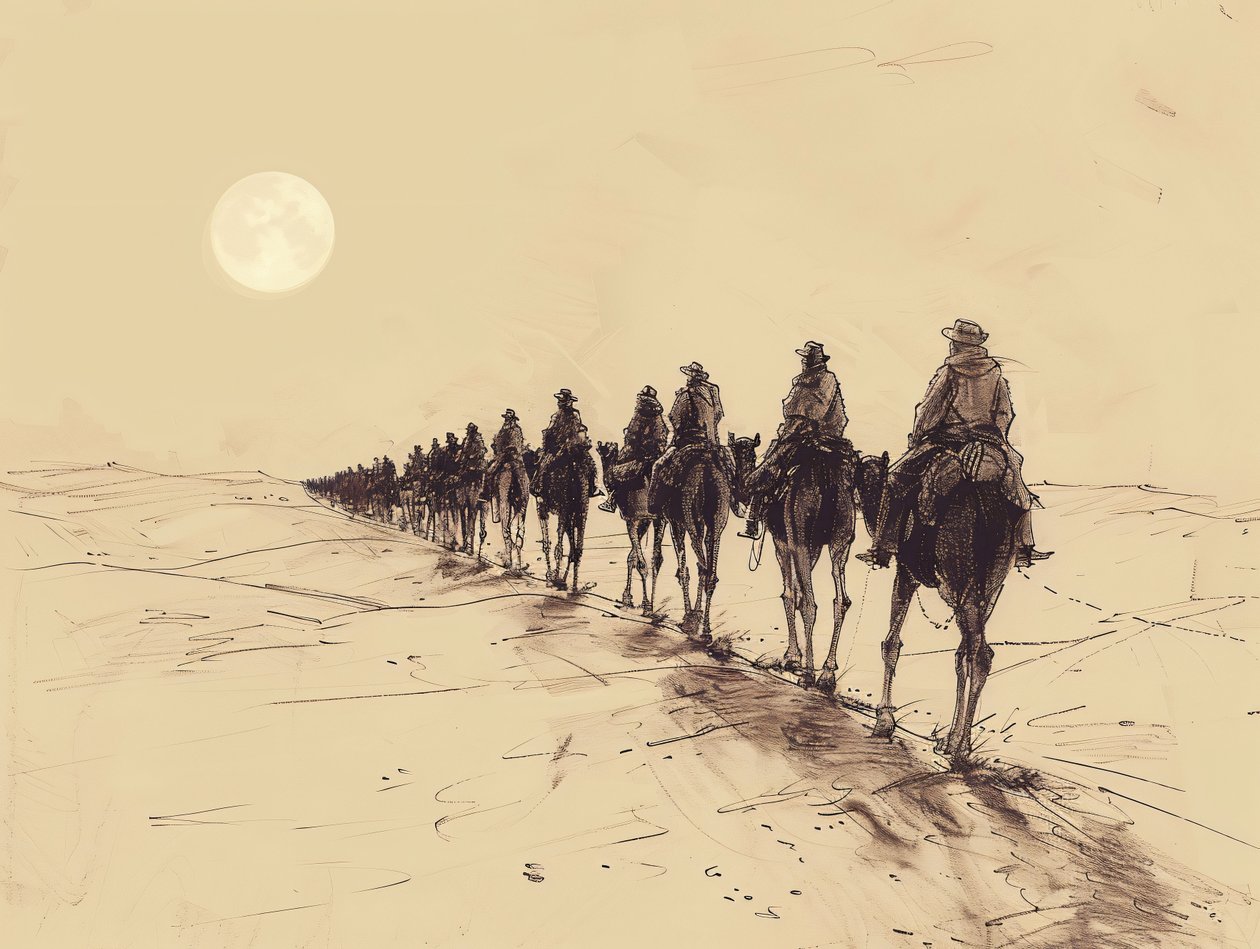 Desert Sun Procession Minimalist Single-Line Sketch, Vægdekoration til salg af F. Abderrahim