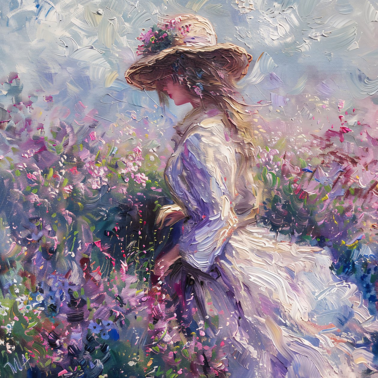 Dame i kjole i naturen, opløftende duft af liv, Monet Style, online kunsttryk af F. Abderrahim