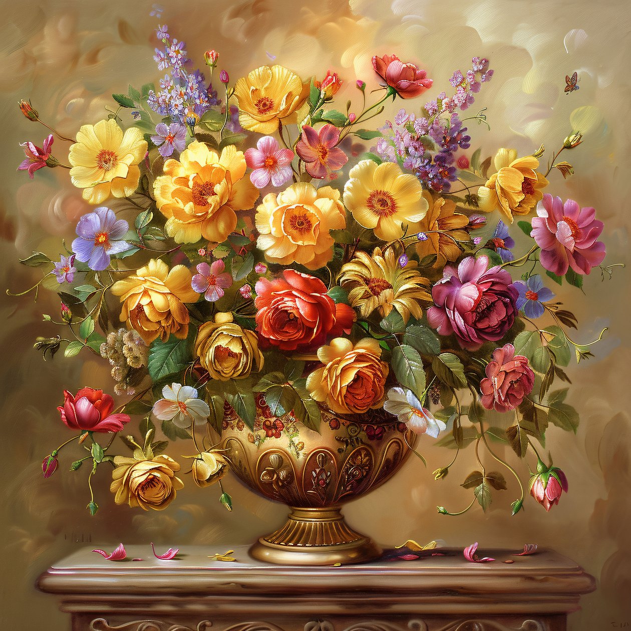 Vase i malet stil fra midten af århundredet med rige gyldne accenter, online kunsttryk af F. Abderrahim