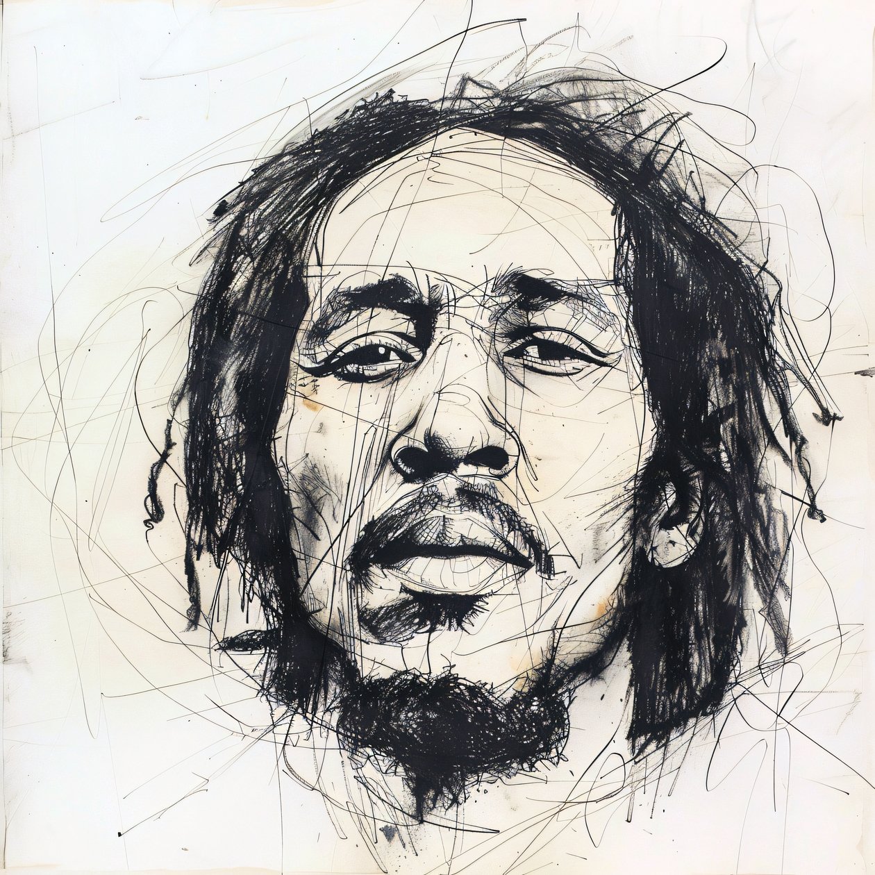 Minimalistisk skitse af Bob Marley, berømt sanger, musik, vægdekorationstryk af F. Abderrahim