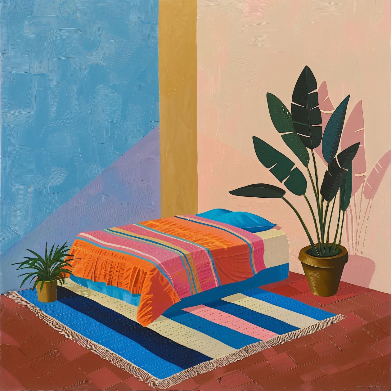 Minimalistisk mexicansk seng i David Hockney-stil, vægbilleder på bestilling af F. Abderrahim