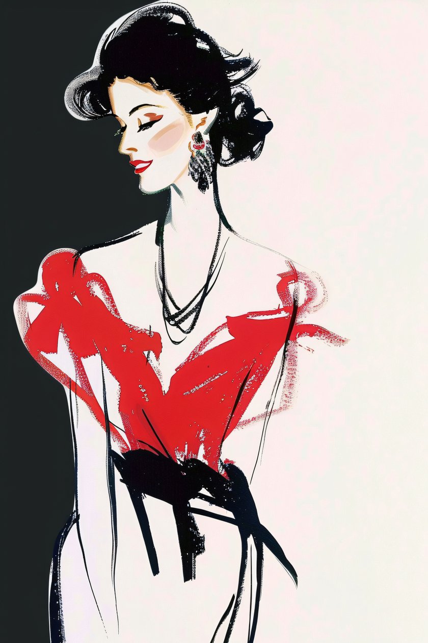 Paris Fashion, rød og sort kjole, René Gruau-stil, fransk dame, der poserer makeup af F. Abderrahim