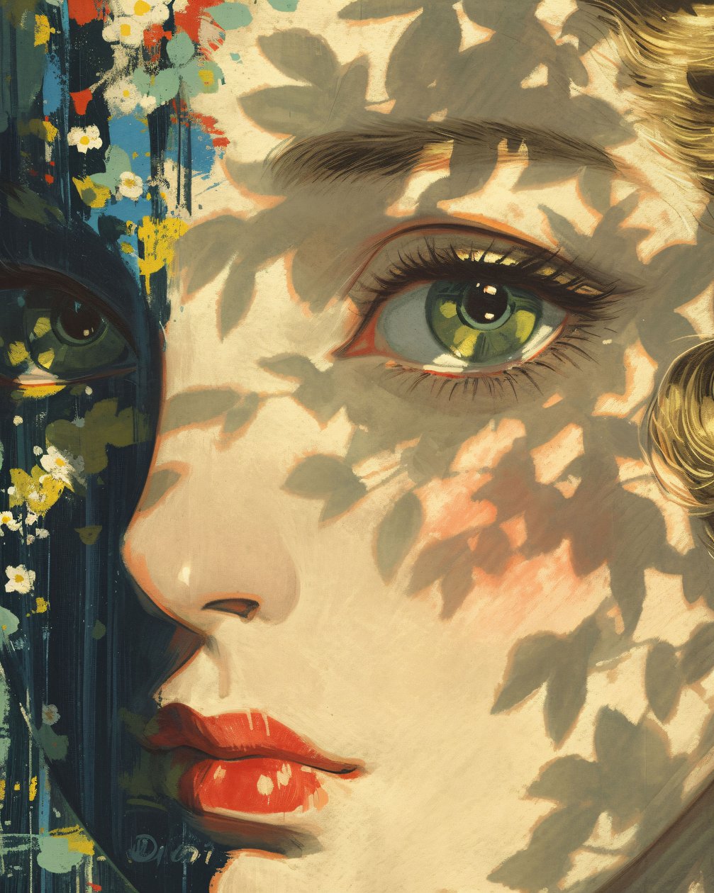 Sunlight Magus A Fornasetti Daydream, nærbillede af en piges ansigt, online kunsttryk af F. Abderrahim
