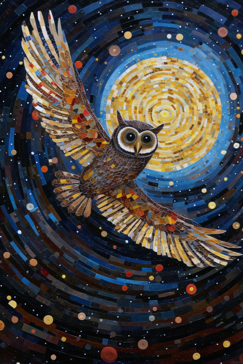 The Owl Flying Through the Starry Night Sky, online brugerdefinerede lærredstryk af F. Abderrahim