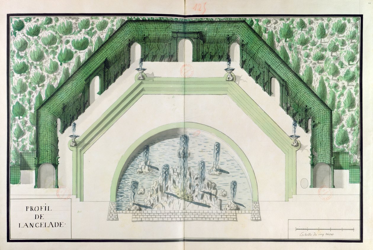 Ms 130740 Design til Bassin de lEncelade i Versailles (wc på papir) af A. and Marsy, G. and B. Le Notre