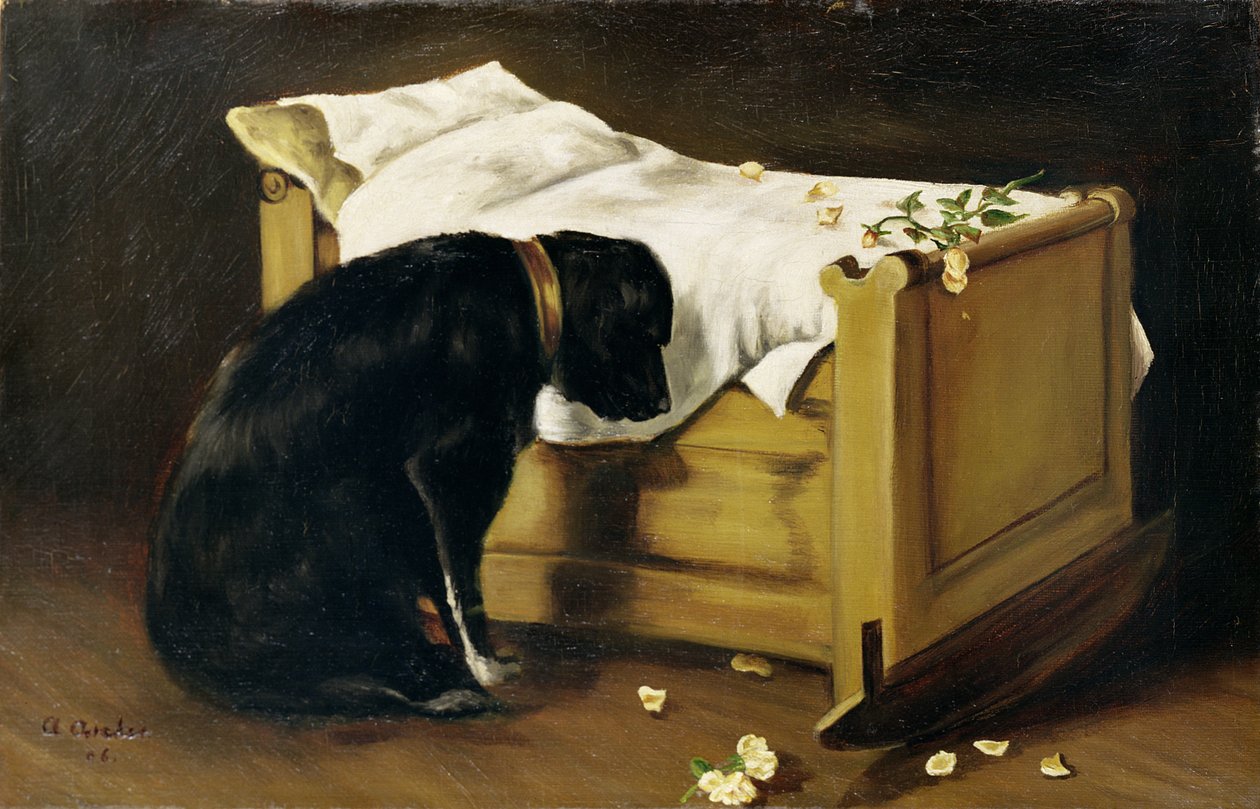 Hund sørger over sin lille mester, 1866 af A. Archer